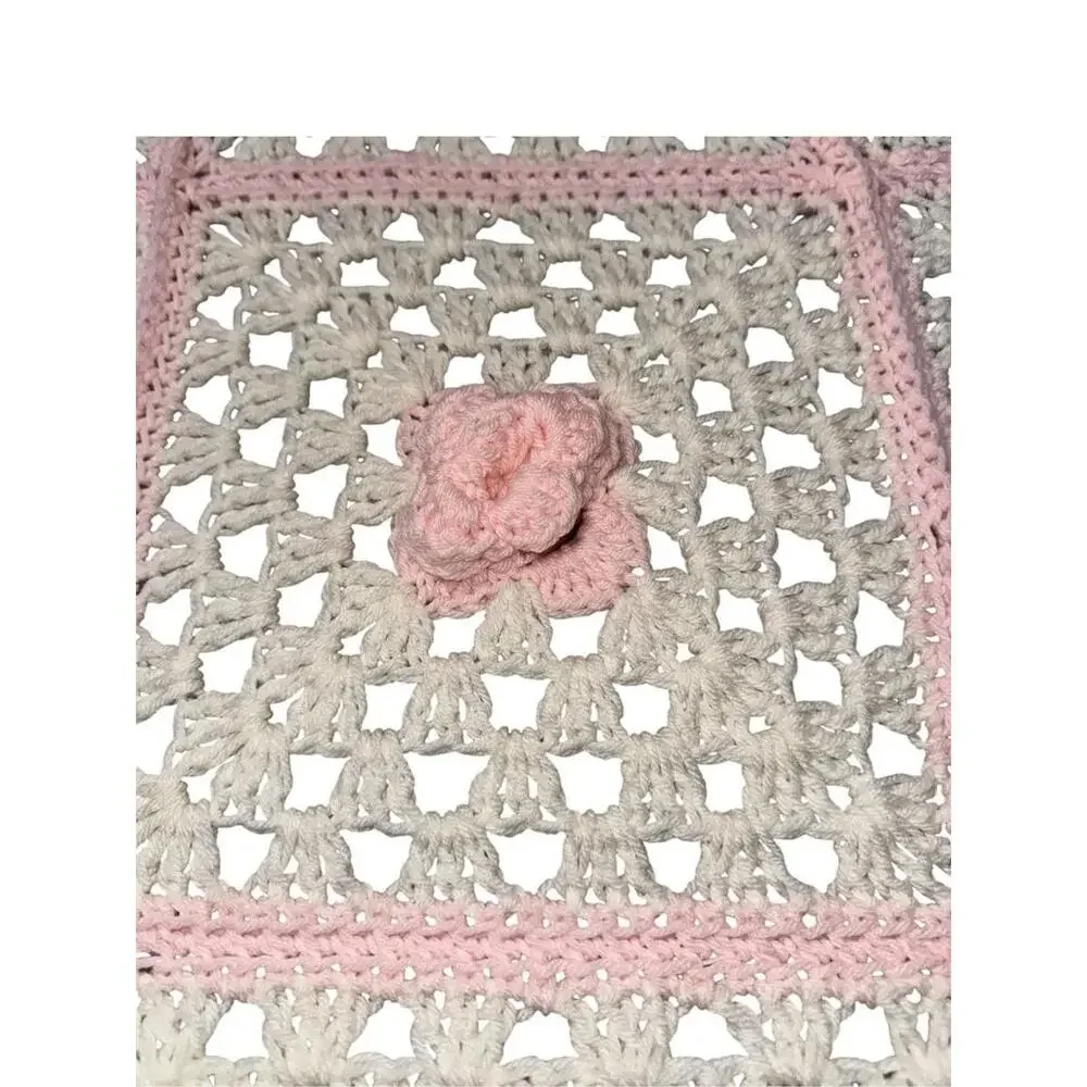 Handmade Crochet Blanket – 42” x 42” – Pink &‎ White – Excellent Condition